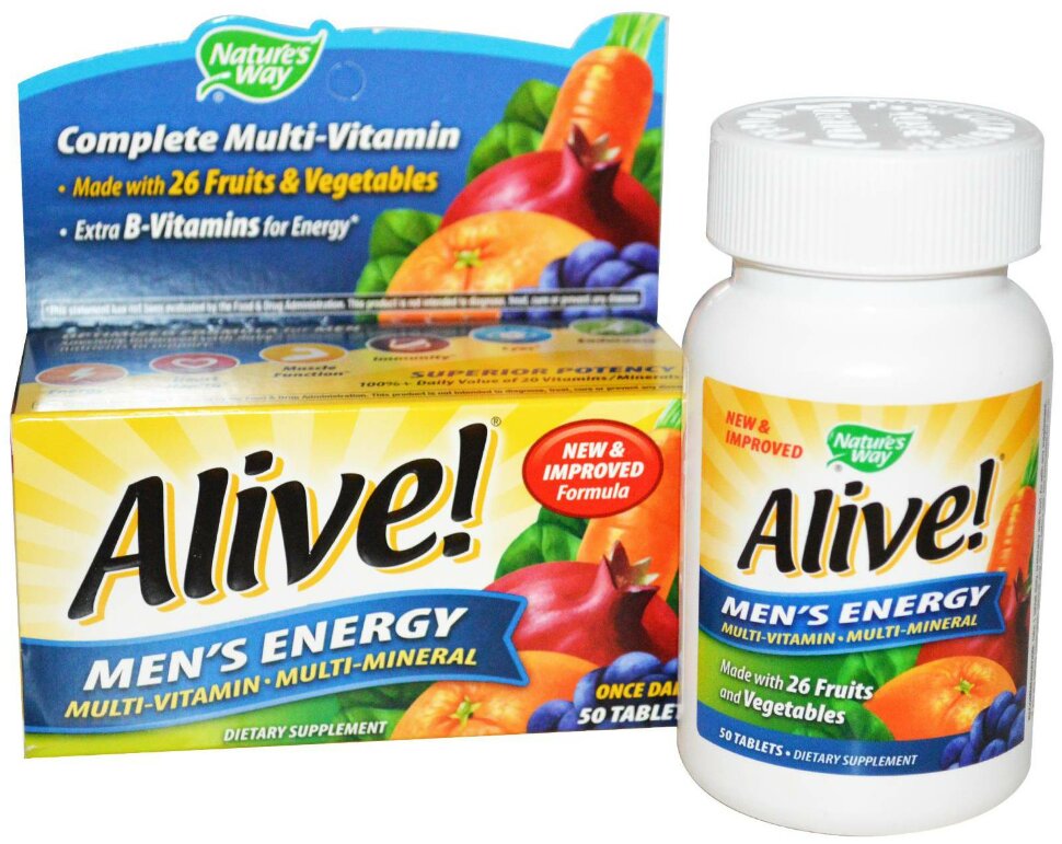 Alive! Men`s Energy Multi-Vitamin-Multi-Mineral, 50 таблеток